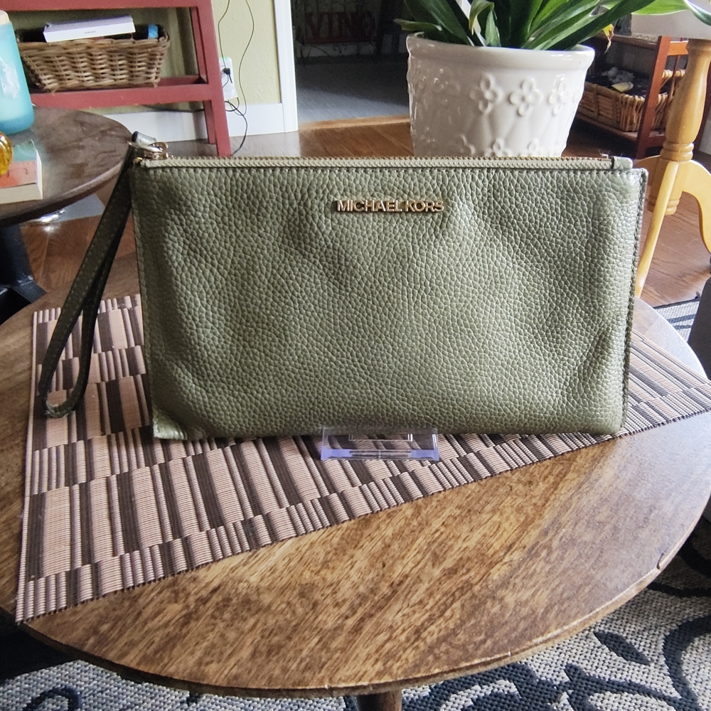 Michael Kors Large Olive Green Pebbled Leather Wristlet